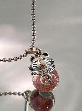 中国风S925银个性猫项链女复古时尚气质草莓晶锁骨链文艺饰品