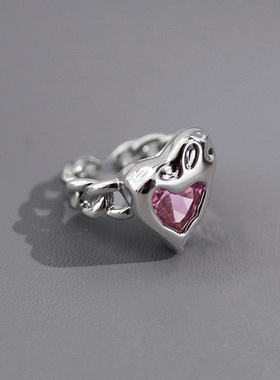 不规则爱心戒指女复古时尚S925银粉色桃心链条开口指环个性食指戒