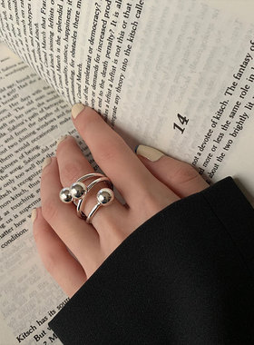 韩版S925银线条圆球戒指女复古时尚方牌交叉开口指环嘻哈食指戒潮