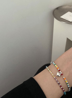 韩版S925银彩虹圆珠手链女时尚文艺ins笑脸云朵爱心小熊手环手饰