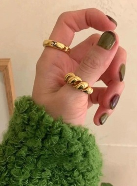 线条镂空牛角包戒指女网红时尚个性气质S925银开口指环ins食指戒