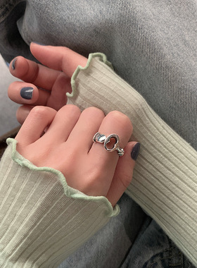 日韩S925银锁扣戒指女复古时尚个性爱心钥匙开口指环嘻哈食指戒潮