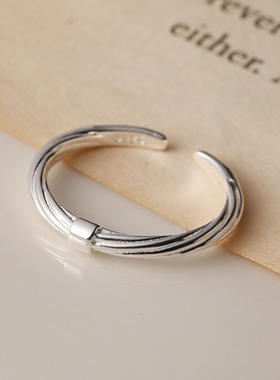 简约素圈戒指女几何不规则微笑脸爱心S925银开口指环叠戴食指戒潮