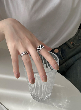 黑白棋盘戒指女复古时尚S925银网格拼色开口指环嘻哈创意食指戒潮