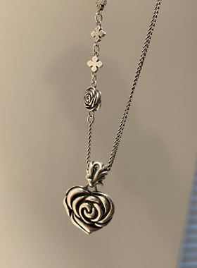 韩版S925银个性玫瑰花项链女复古时尚爱心型锁骨链十字架毛衣链潮