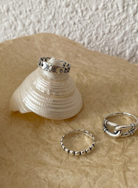 韩版S925银个性网格戒指女复古时尚镂空链条绳结开口指环食指戒潮