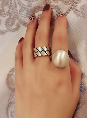 韩国大圆球戒指女925银ins个性网红气质拉丝几何夸张潮流食指戒