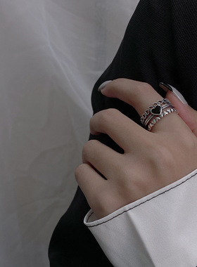 韩版S925银多层爱心戒指女复古时尚镂空桃心开口指环创意食指戒潮