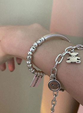 韩版S925银创意锁扣手链女复古时尚圆球卡通小熊笑脸手环手饰品潮