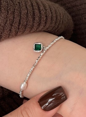 气质爆闪碎银手链女法式复古祖母绿色锆石S925银手环百搭轻奢手饰