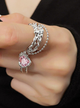 韩版S925银不规则心型戒指女复古时尚粉色爱心开口指环气质食指戒