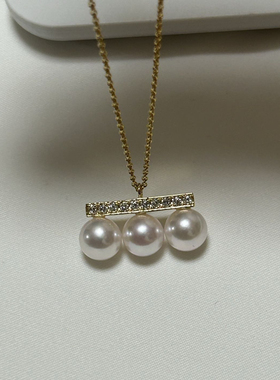 【日本定制】平衡木珍珠项链akoya白色粉光近无暇强光项链18k金