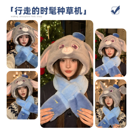 Zootopia hat and scarf all in one for women with moving ears