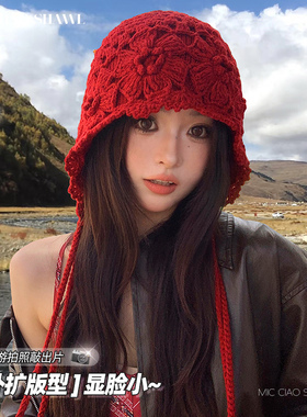 川西旅游红色针织镂空套头帽子女
