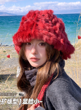 兔毛醒狮毛绒帽子女2025新款