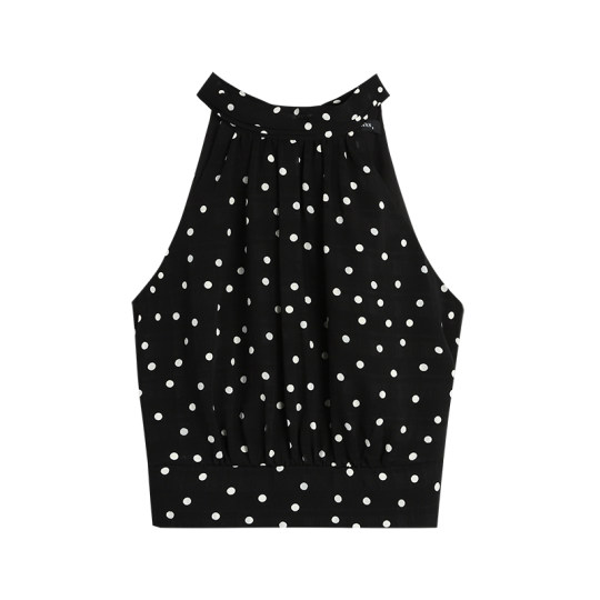 MULVAN 法式白色波点小衫女夏季挂脖绑带短款无袖上衣雪纺衫