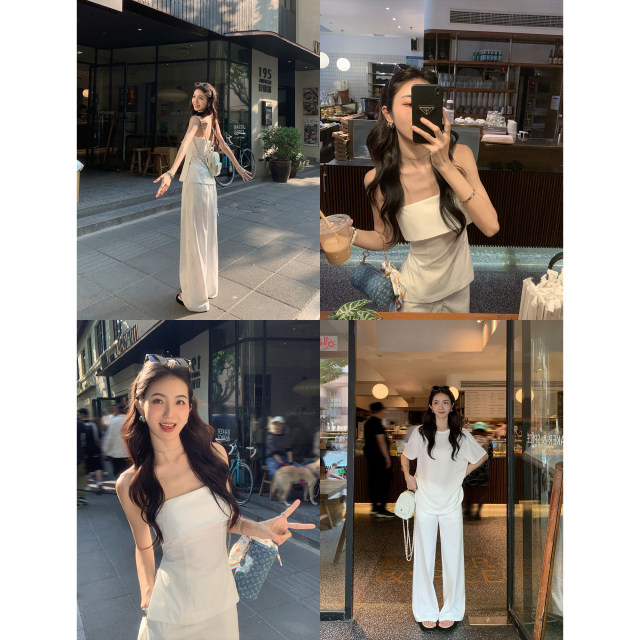 MULVAN Temperament suit Designed off-shoulder tube top top women's casual wide-leg pants striped striped two-pieces set