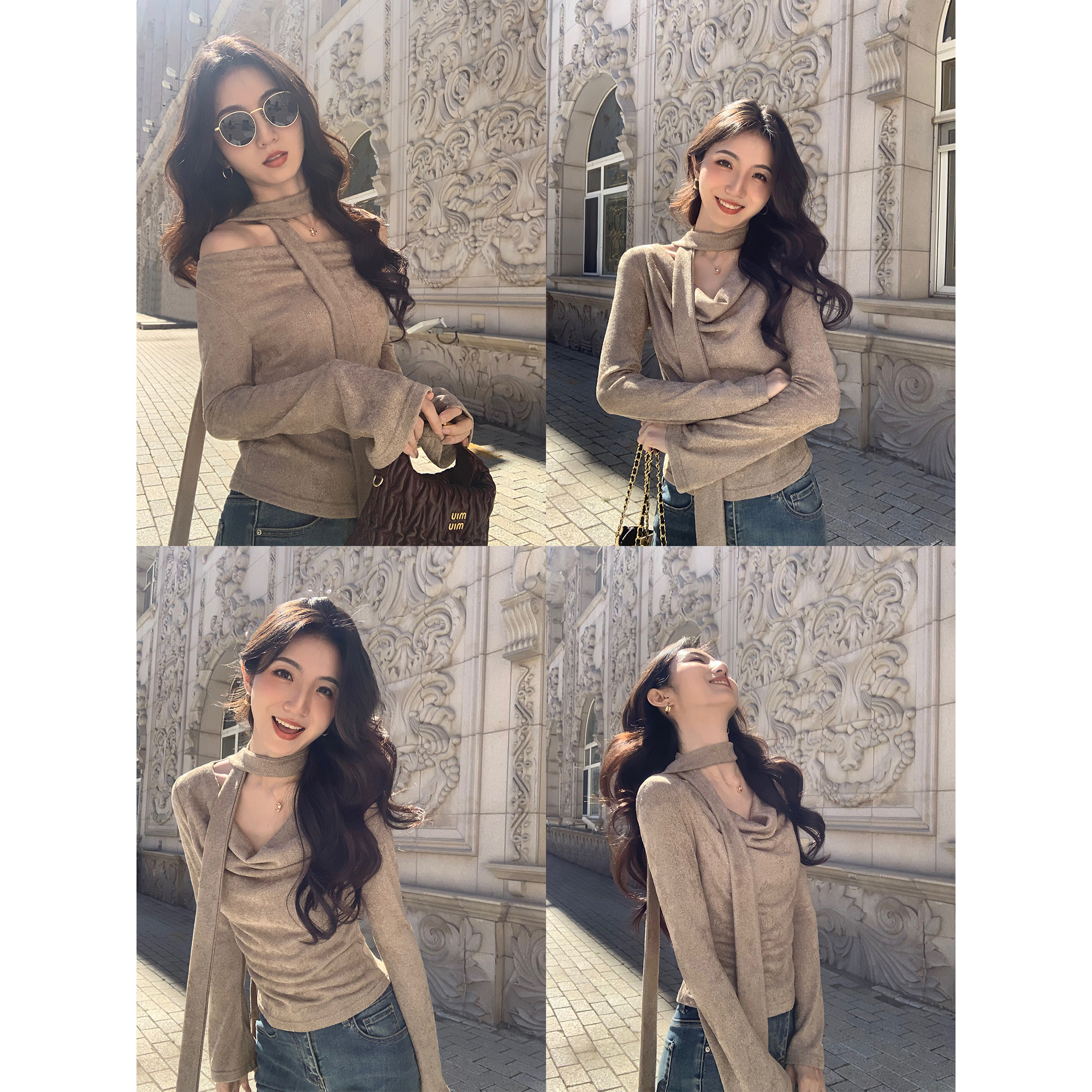 MULVAN 收藏浪漫 荡领长袖针织衫女微喇袖口修身显瘦上衣~配飘带,淘宝优惠券,粉丝福利购,淘宝优惠卷