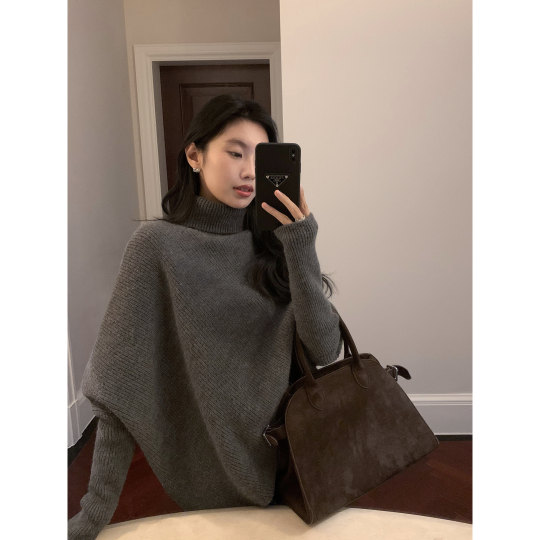 MULVAN-suéter de cuello alto para mujer, Top holgado irregular con manga de murciélago y nicho, otoño e invierno