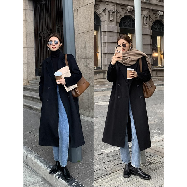 Double-breasted retro over-knee mid-length tweed jacket