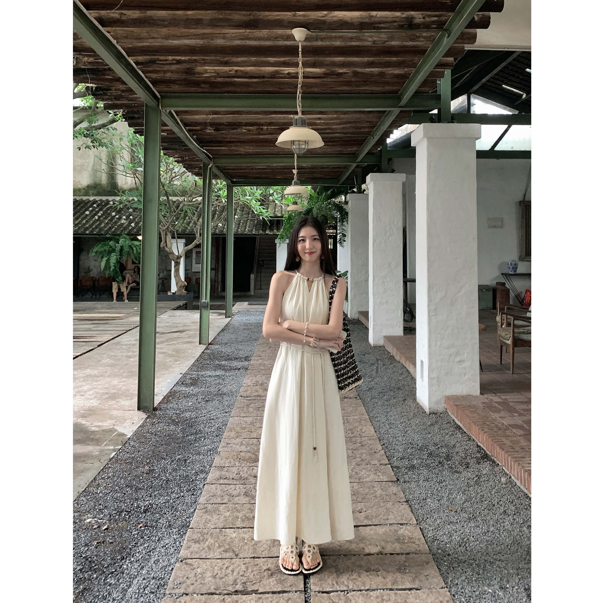 MULVAN 挖肩挂脖连衣裙女夏宽松气质无袖吊带裙高级垂感慵懒长裙 - 图0