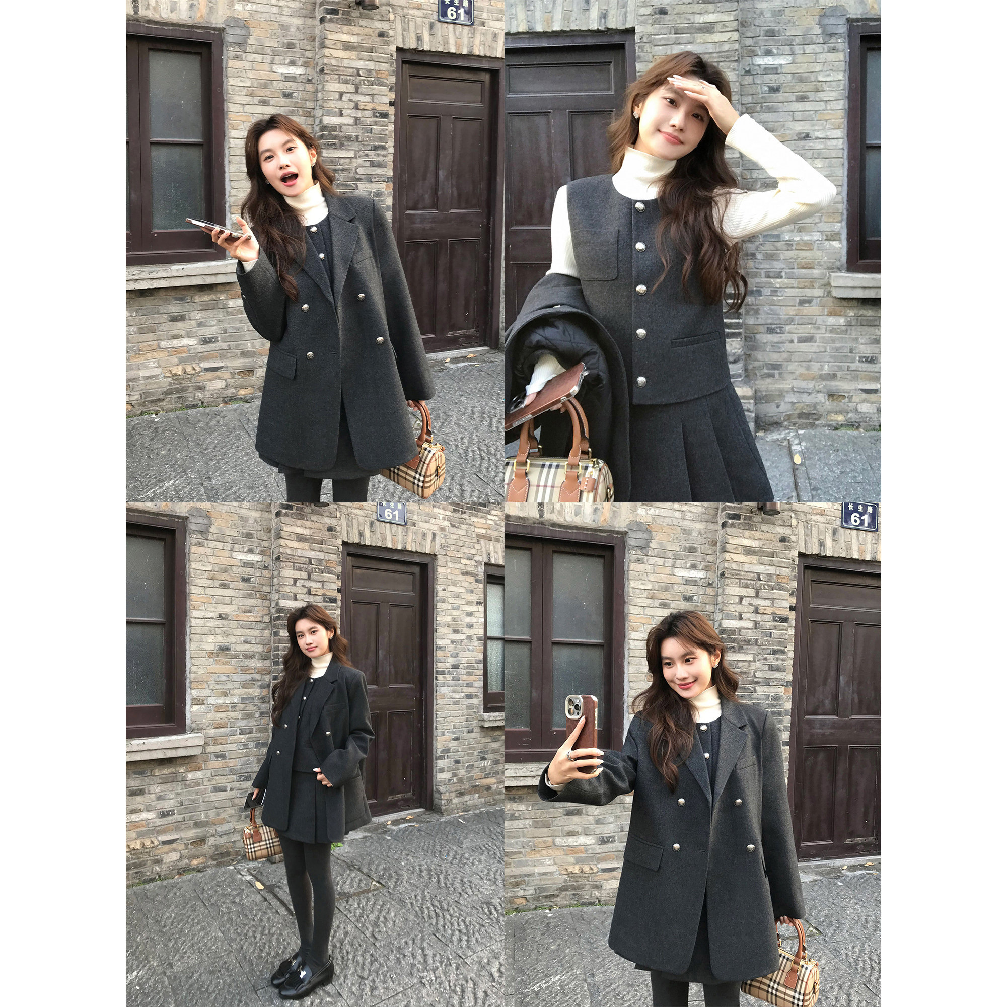 MULVAN 高智巴恩 西装毛呢外套女经典宽松圆领马甲半身裙三件套装,淘宝优惠券,粉丝福利购,淘宝优惠卷