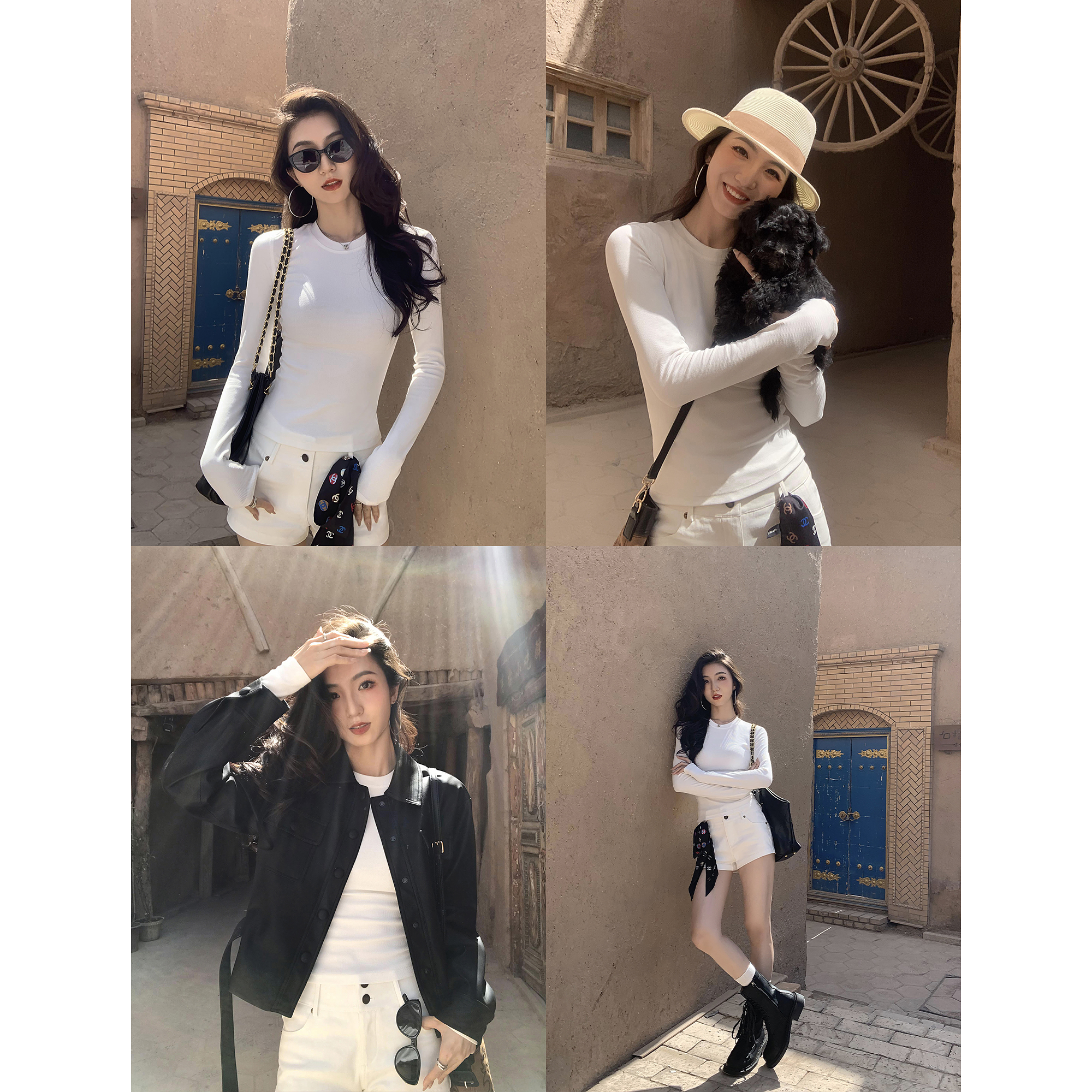 MULVAN 玫瑰庞克 正肩圆领针织长袖T恤女套头打底衫修身显瘦上衣 - 图3