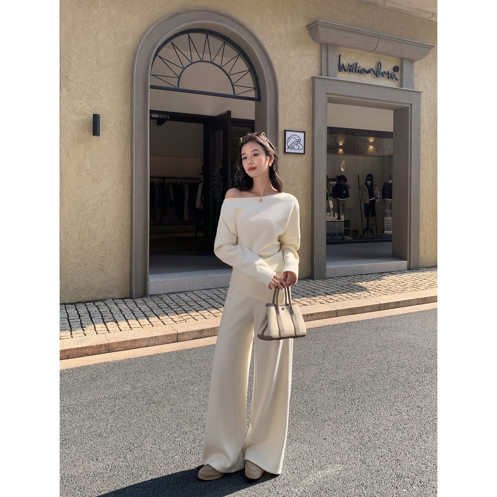 MULVAN 时髦东区 慵懒风不规则斜肩针织衫女垂感阔腿休闲长裤套装,淘宝优惠券,粉丝福利购,淘宝优惠卷