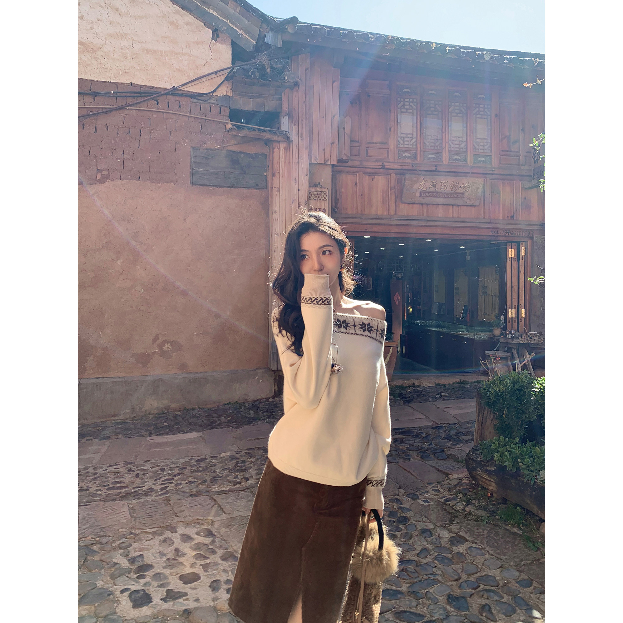 MULVAN 西西莉亚 费尔岛一字肩套头毛衣女设计感宽松斜肩针织上衣,淘宝优惠券,粉丝福利购,淘宝优惠卷