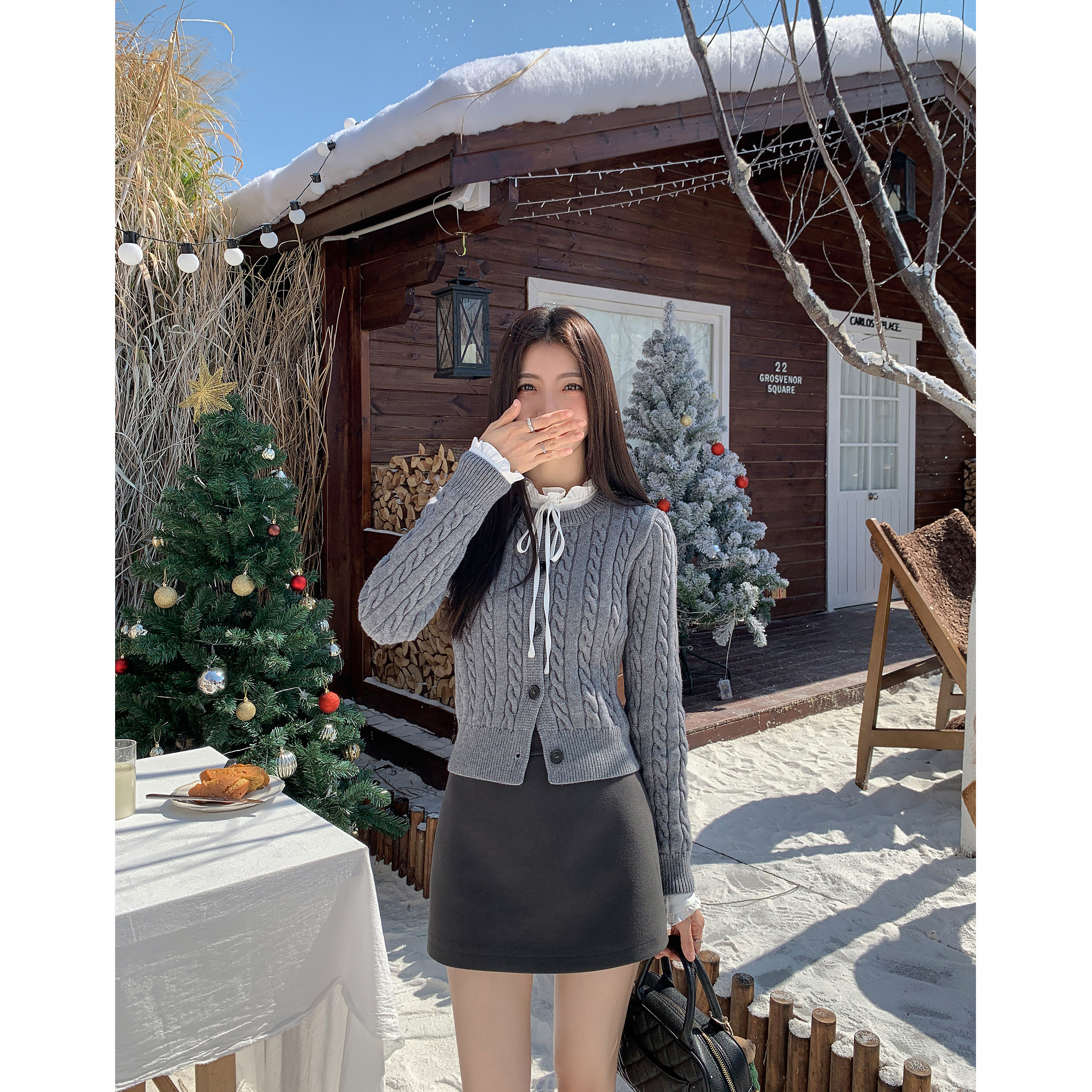 MULVAN 灰色圆领麻花毛衣开衫女冬季短款修身内搭针织衫上衣 - 图1