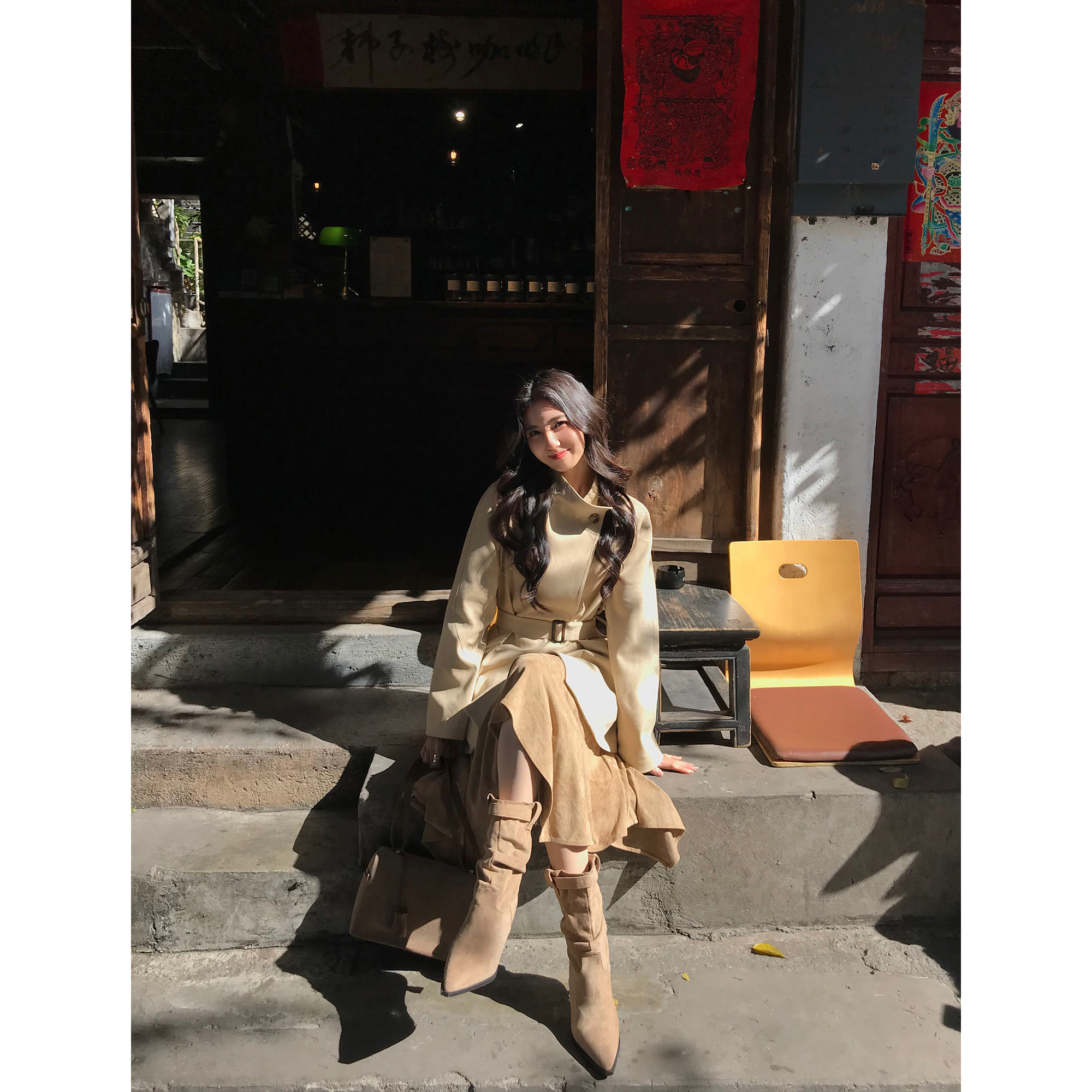 MULVAN 美学编导 立领麂皮绒夹棉外套女高级感宽松系带中长款风衣,淘宝优惠券,粉丝福利购,淘宝优惠卷