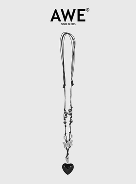 AWE黑色爱心猫眼石蝴蝶锁骨项链