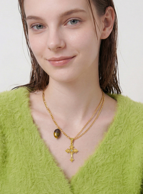 AWE天然虎眼石鸢尾花叠戴项链女