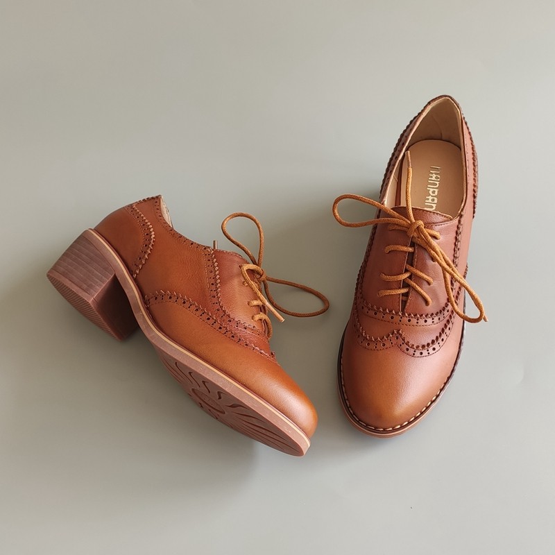 秋冬新款真牛皮英伦学院风小皮鞋复古布洛克圆头中粗跟深口女单鞋,淘宝优惠券,粉丝福利购,淘宝优惠卷