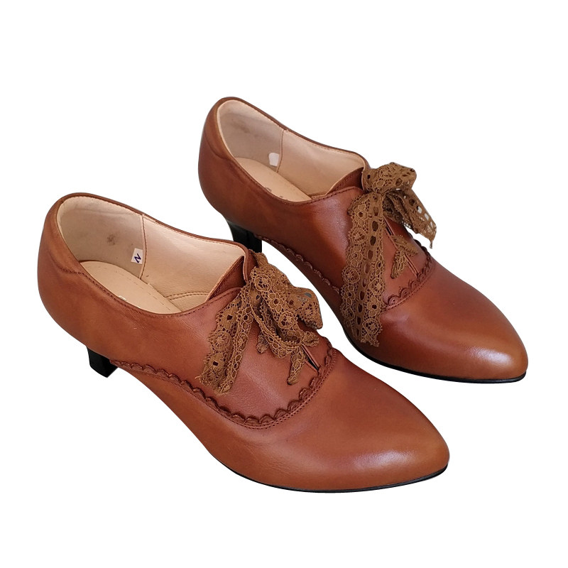 真皮尖头细跟女单鞋秋冬新款通勤优雅蕾丝系带花边深口中高跟单鞋,淘宝优惠券,粉丝福利购,淘宝优惠卷