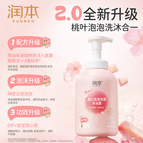 润本儿童沐浴露洗发水二合一桃叶精华婴儿宝宝专用沐浴液泡沫型 - 图0
