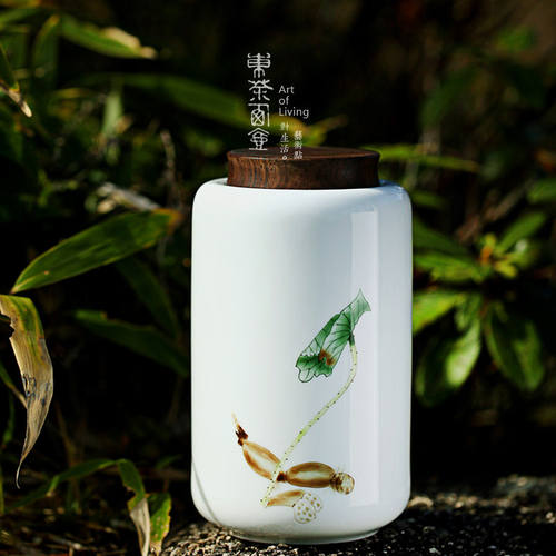 陶瓷茶叶罐大号黑檀木盖子密封罐家用白茶绿茶防潮储茶罐手绘茶仓 - 图2