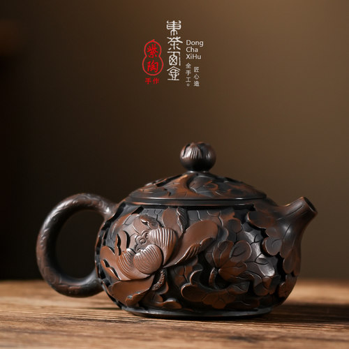 云南建水紫陶壶纯手工堆雕茶壶西施壶莲花浮雕功夫茶具泡茶器陶制 - 图1
