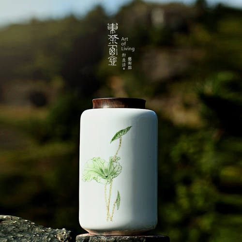 陶瓷茶叶罐大号黑檀木盖子密封罐家用白茶绿茶防潮储茶罐手绘茶仓 - 图1