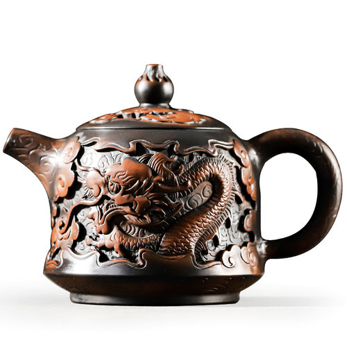 云南建水紫陶壶茶壶全手工深雕祥龙金钟壶功夫茶具陶制手作泡茶器 - 图0