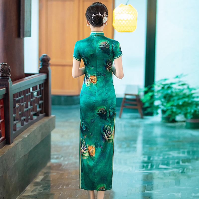 新中式绝美高级旗袍真丝桑蚕丝高端大气档次绿色长款舞台礼服走秀 - 图2