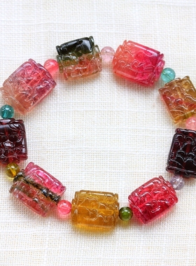 风格独特五彩斑斓西瓜碧玺双面精雕大佛瓜手链（六块西瓜）