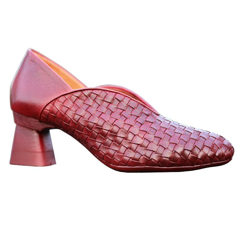 真皮粗跟尖头女士单鞋新款春秋手工编织高跟妈妈鞋美式复古小皮鞋 - 图3