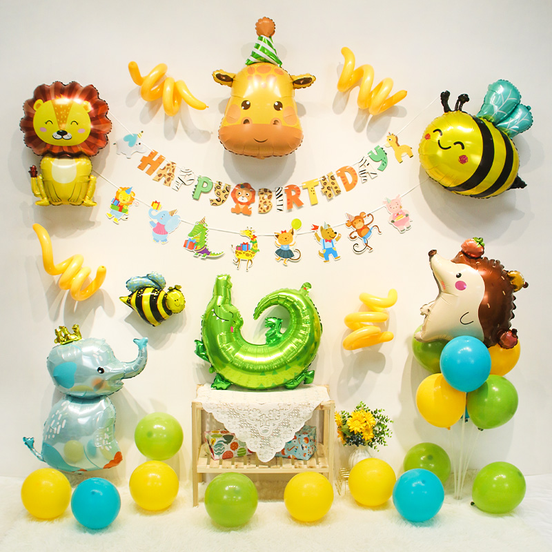卡通动物生日快乐气球装饰儿童宝宝一周岁派对场景氛围布置背景墙 - 图1