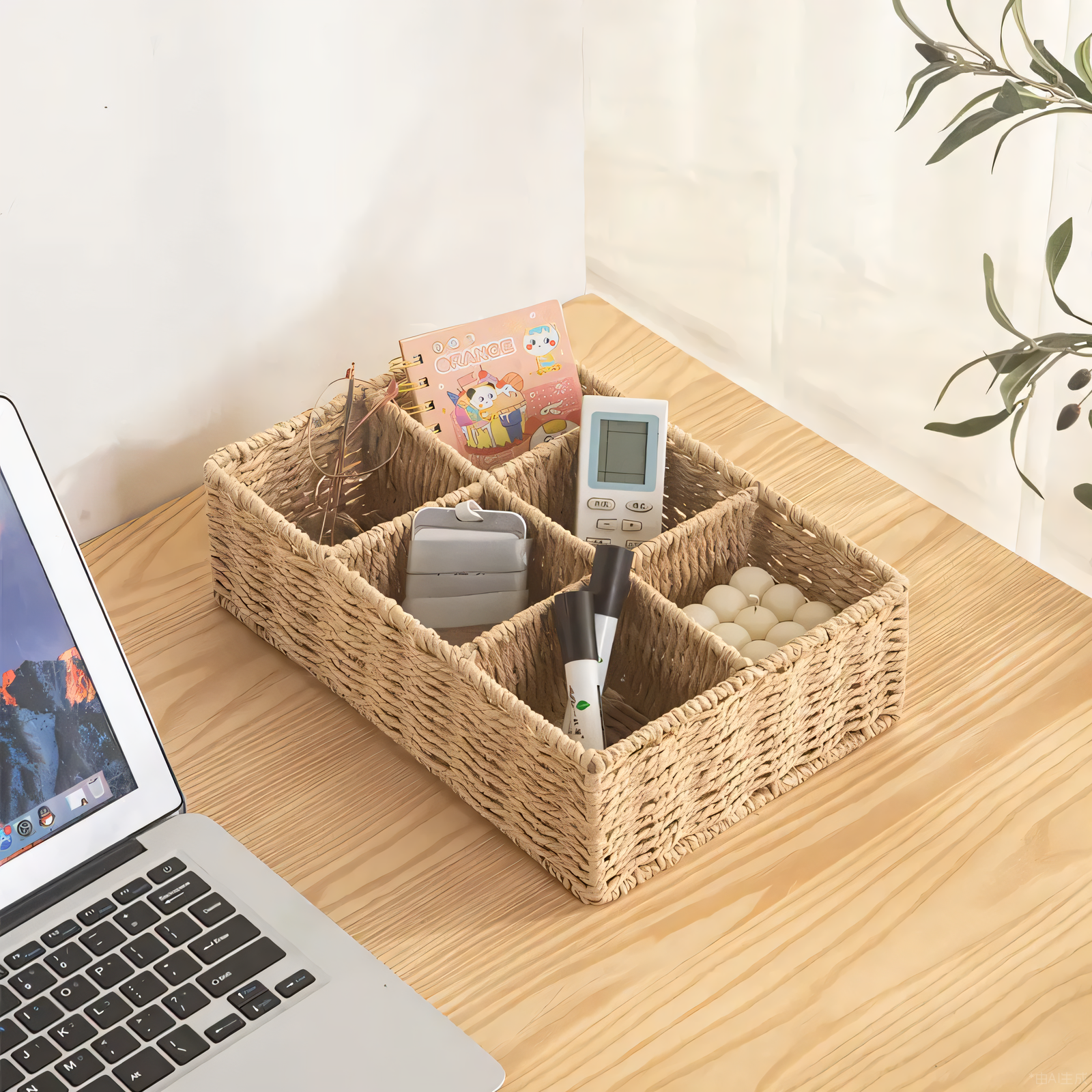 桌面分格收纳筐茶几书房仿藤编收纳盒杂物零食遥控器纸绳收纳篮子,淘宝优惠券,粉丝福利购,淘宝优惠卷