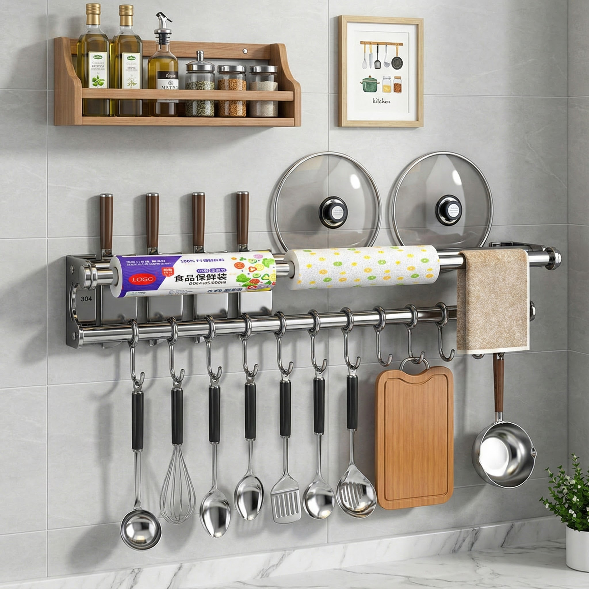 免打孔刀架收纳架不锈钢置物架厨房挂钩锅盖砧板保鲜膜纸巾架家用,淘宝优惠券,粉丝福利购,淘宝优惠卷