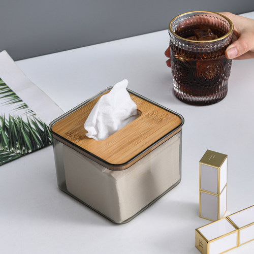 仿竹木盖透明纸巾盒家用餐桌茶几创意侧抽卷纸桶大号餐巾纸收纳盒 - 图0