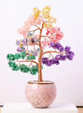 天然水晶七彩碎石摇钱树手工编织