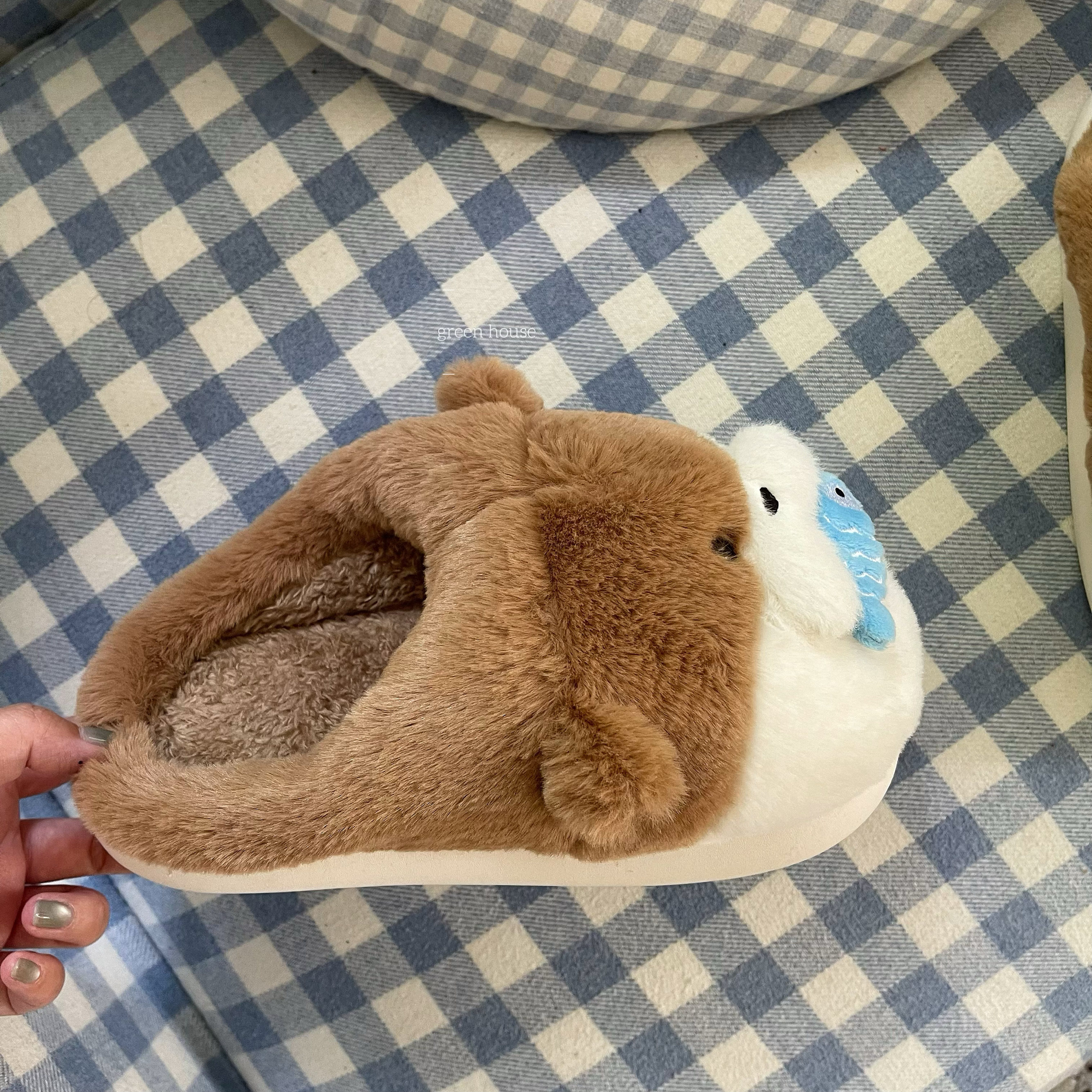 green house * 出口外贸熊吃鱼毛绒加厚底防水家居拖鞋,淘宝优惠券,粉丝福利购,淘宝优惠卷