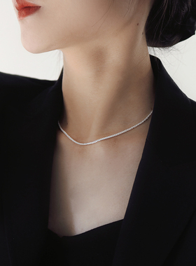 高级喊极简素银细闪锁骨链